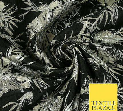 Black Pewter Silver Textured Metallic Fancy Brocade Jacquard Dress Fabric 4150