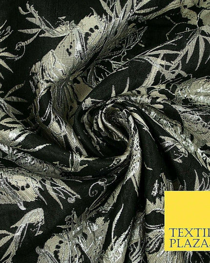 Black Pewter Silver Textured Metallic Fancy Brocade Jacquard Dress Fabric 4150