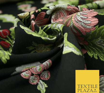 Black Large Ornamental Vintage Floral Fancy Brocade Jacquard Dress Fabric 4152