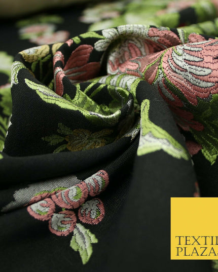 Black Large Ornamental Vintage Floral Fancy Brocade Jacquard Dress Fabric 4152