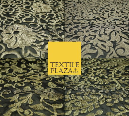 Black Metallic Floral Swirl Embroidery Bridal Wedding Dress Georgette Fabric