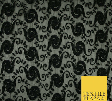 Black Threadwork Schiffli Swirl Embroidery Bridal Wedding Dress Fabric 3470