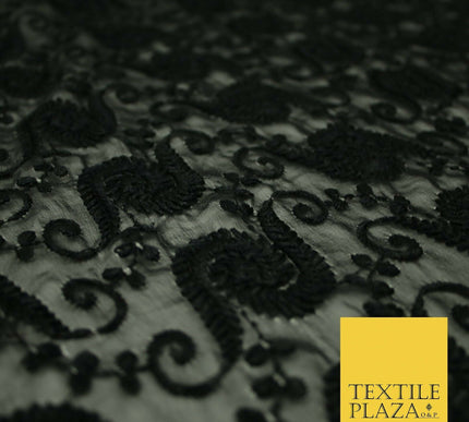 Black Threadwork Schiffli Swirl Embroidery Bridal Wedding Dress Fabric 3470