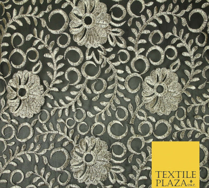 Black Metallic Floral Swirl Embroidery Bridal Wedding Dress Georgette Fabric