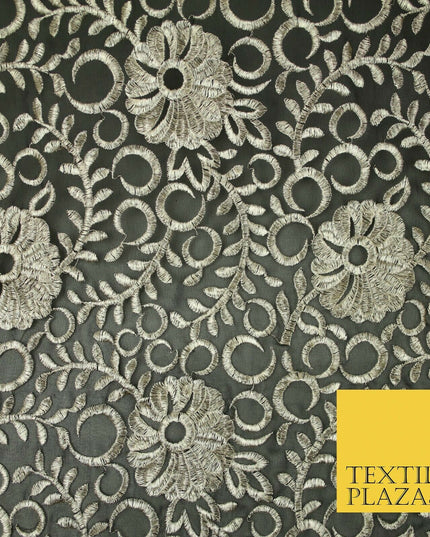 Black Metallic Floral Swirl Embroidery Bridal Wedding Dress Georgette Fabric