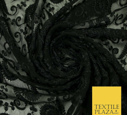 Black Threadwork Schiffli Swirl Embroidery Bridal Wedding Dress Fabric 3470