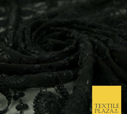 Black Threadwork Schiffli Swirl Embroidery Bridal Wedding Dress Fabric 3470
