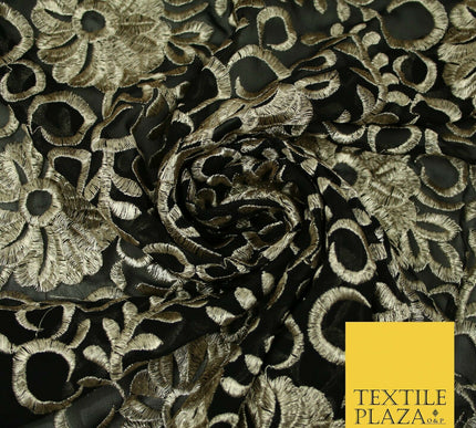 Black Metallic Floral Swirl Embroidery Bridal Wedding Dress Georgette Fabric