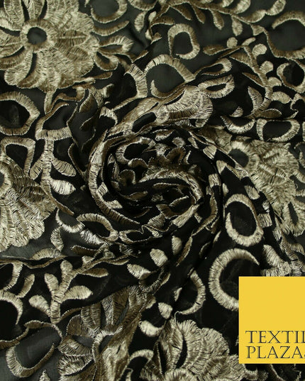 Black Metallic Floral Swirl Embroidery Bridal Wedding Dress Georgette Fabric