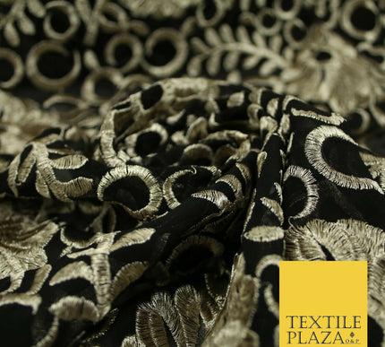 Black Metallic Floral Swirl Embroidery Bridal Wedding Dress Georgette Fabric