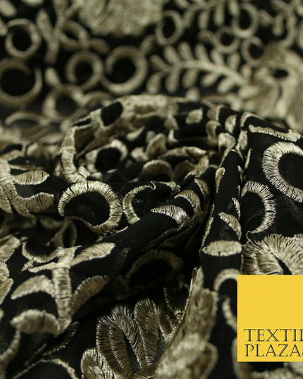 Black Metallic Floral Swirl Embroidery Bridal Wedding Dress Georgette Fabric