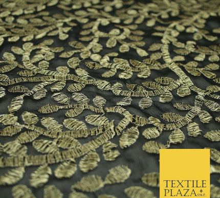 Black Metallic Floral Swirl Embroidery Bridal Wedding Dress Georgette Fabric