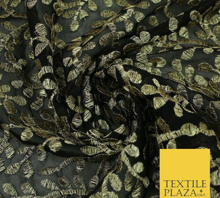 Black Metallic Floral Swirl Embroidery Bridal Wedding Dress Georgette Fabric