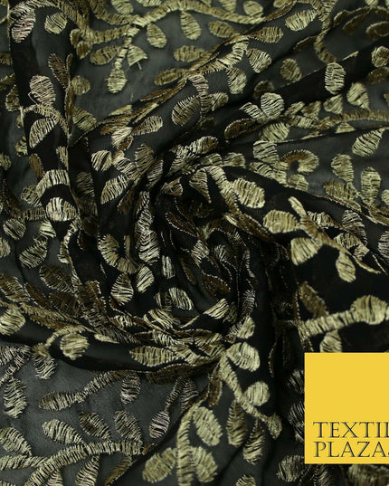 Black Metallic Floral Swirl Embroidery Bridal Wedding Dress Georgette Fabric