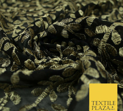 Black Metallic Floral Swirl Embroidery Bridal Wedding Dress Georgette Fabric