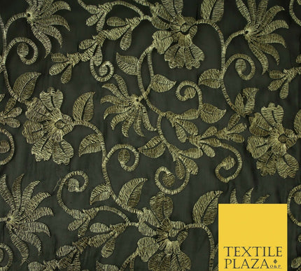 Black Metallic Floral Swirl Embroidery Bridal Wedding Dress Georgette Fabric