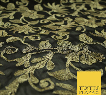 Black Metallic Floral Swirl Embroidery Bridal Wedding Dress Georgette Fabric