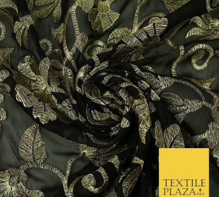 Black Metallic Floral Swirl Embroidery Bridal Wedding Dress Georgette Fabric
