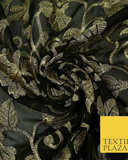 Black Metallic Floral Swirl Embroidery Bridal Wedding Dress Georgette Fabric