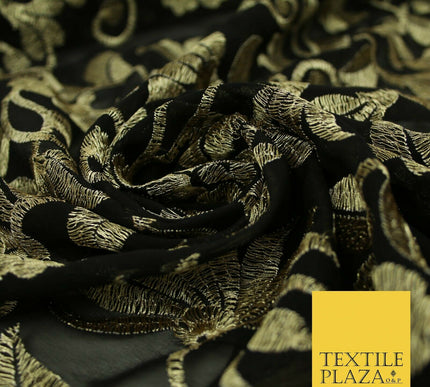 Black Metallic Floral Swirl Embroidery Bridal Wedding Dress Georgette Fabric