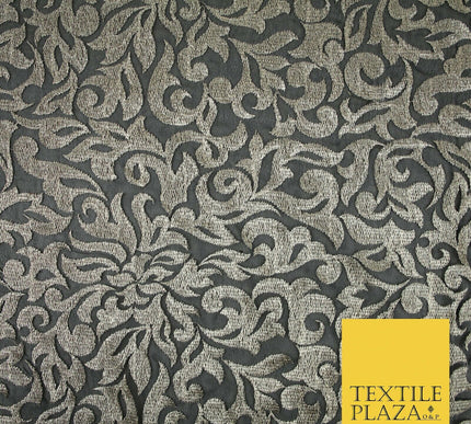 Black Metallic Floral Swirl Embroidery Bridal Wedding Dress Georgette Fabric