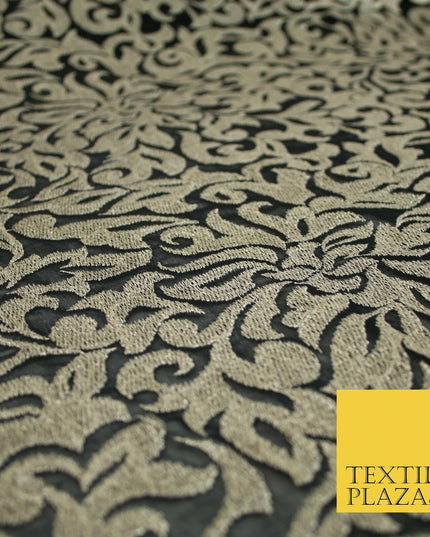 Black Metallic Floral Swirl Embroidery Bridal Wedding Dress Georgette Fabric