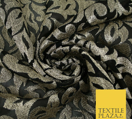 Black Metallic Floral Swirl Embroidery Bridal Wedding Dress Georgette Fabric