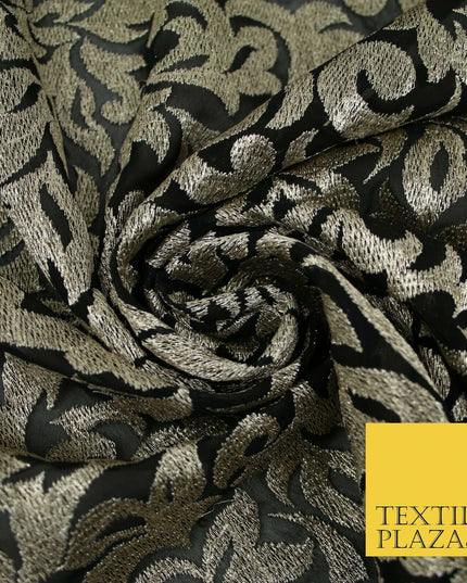 Black Metallic Floral Swirl Embroidery Bridal Wedding Dress Georgette Fabric