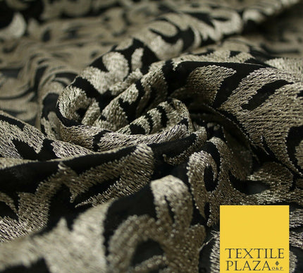 Black Metallic Floral Swirl Embroidery Bridal Wedding Dress Georgette Fabric