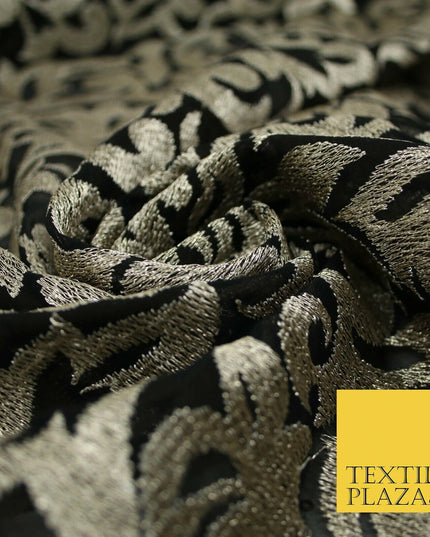Black Metallic Floral Swirl Embroidery Bridal Wedding Dress Georgette Fabric