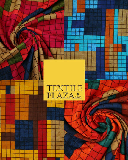 Premium Squares Check Blocks Soft 100% Rayon Viscose Dress Print Fabric Craft