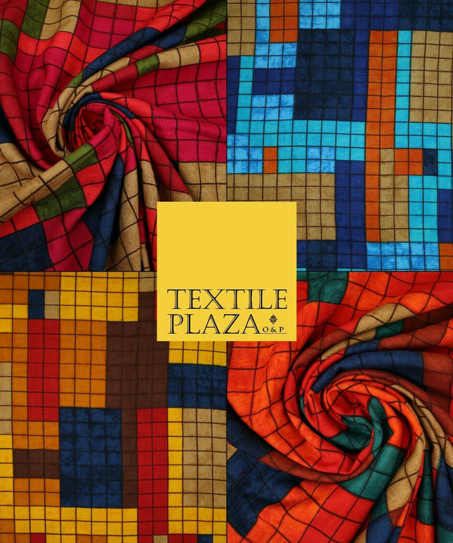Premium Squares Check Blocks Soft 100% Rayon Viscose Dress Print Fabric Craft