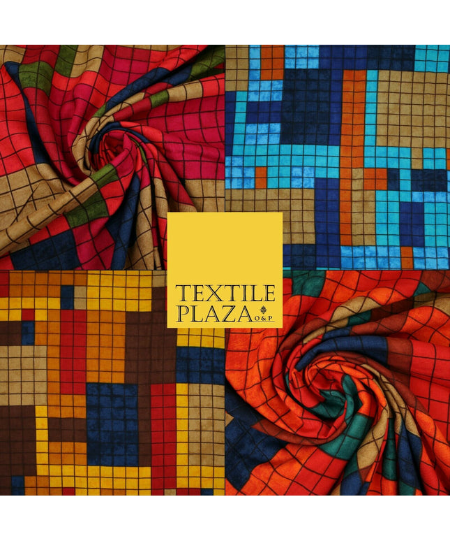 Premium Squares Check Blocks Soft 100% Rayon Viscose Dress Print Fabric Craft
