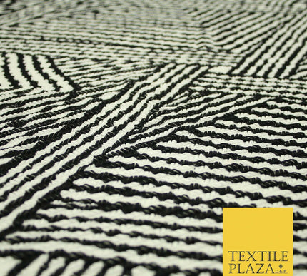 Black & White Striped Crinkle Pleated Herringbone Cuts Stretch Dress Fabric 4191