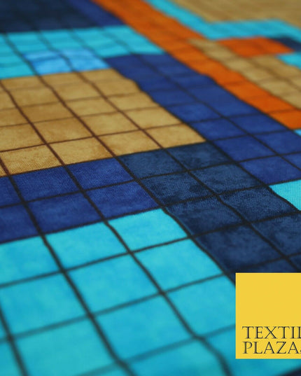 Premium Squares Check Blocks Soft 100% Rayon Viscose Dress Print Fabric Craft