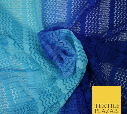 Blue Shaded Ombre Crinkle Pleated Zig Zag Cutwork Stretch Dress Fabric 4192