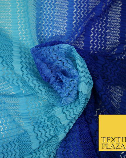 Blue Shaded Ombre Crinkle Pleated Zig Zag Cutwork Stretch Dress Fabric 4192