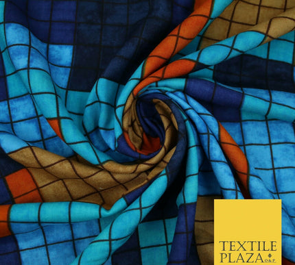 Premium Squares Check Blocks Soft 100% Rayon Viscose Dress Print Fabric Craft