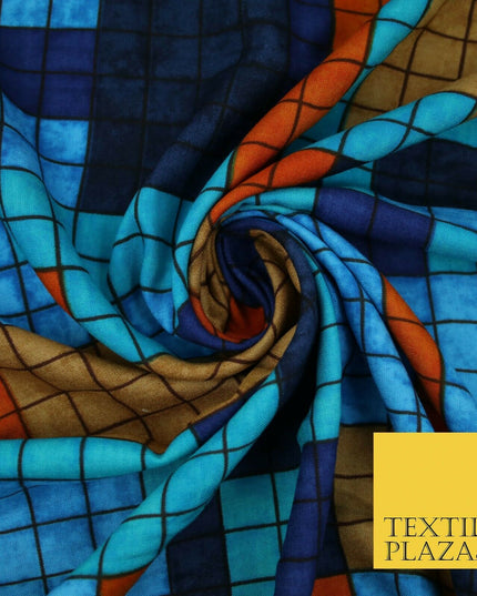 Premium Squares Check Blocks Soft 100% Rayon Viscose Dress Print Fabric Craft