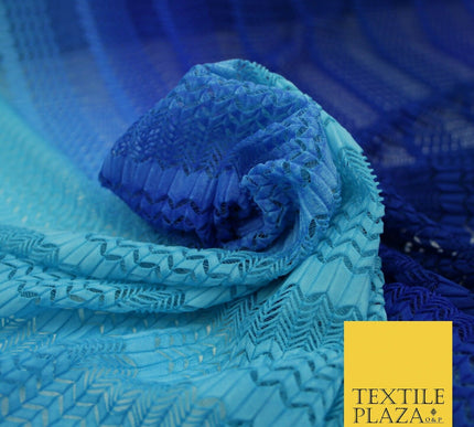 Blue Shaded Ombre Crinkle Pleated Zig Zag Cutwork Stretch Dress Fabric 4192