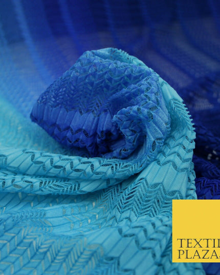 Blue Shaded Ombre Crinkle Pleated Zig Zag Cutwork Stretch Dress Fabric 4192