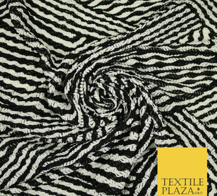 Black & White Striped Crinkle Pleated Herringbone Cuts Stretch Dress Fabric 4191