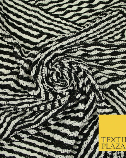 Black & White Striped Crinkle Pleated Herringbone Cuts Stretch Dress Fabric 4191