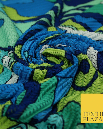 Colourful Wacky Abstract Crinkle Pleated Herringbone Cuts Stretch Dress Fabric