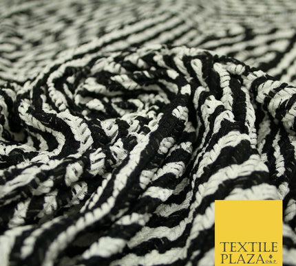 Black & White Striped Crinkle Pleated Herringbone Cuts Stretch Dress Fabric 4191