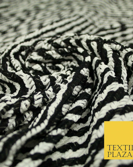 Black & White Striped Crinkle Pleated Herringbone Cuts Stretch Dress Fabric 4191