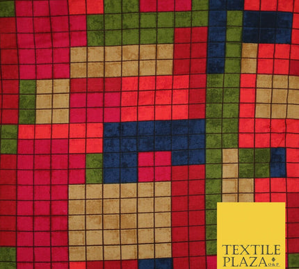 Premium Squares Check Blocks Soft 100% Rayon Viscose Dress Print Fabric Craft