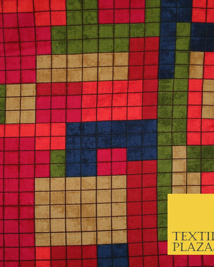 Premium Squares Check Blocks Soft 100% Rayon Viscose Dress Print Fabric Craft