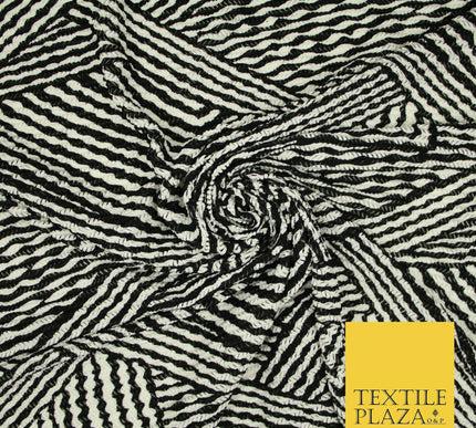 Black & White Striped Crinkle Pleated Herringbone Cuts Stretch Dress Fabric 4191