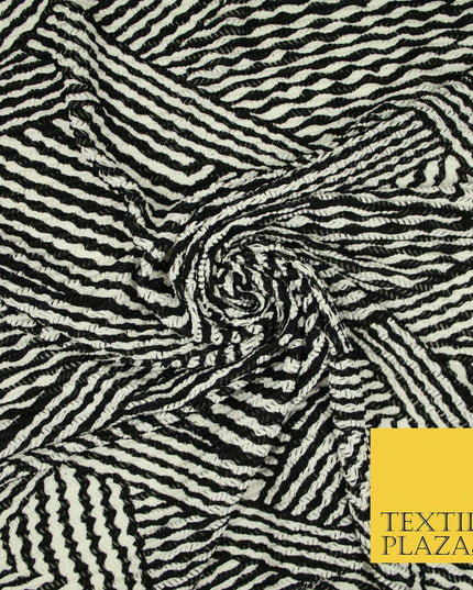 Black & White Striped Crinkle Pleated Herringbone Cuts Stretch Dress Fabric 4191